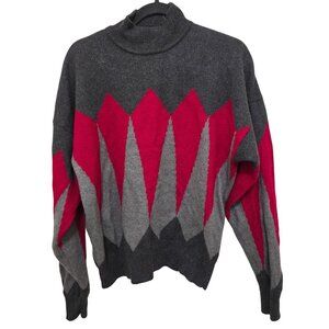 VTG Perry Ellis Gray & Red Geometric Diamond Knit Sweater Long Sleeve Turtleneck